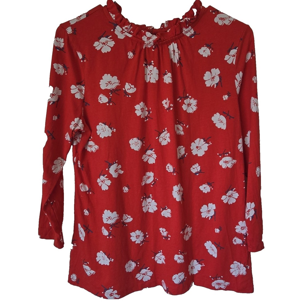 Ann Taylor Factory Red Floral Blouse Top Office Career Preppy Boho Ruffled Chic